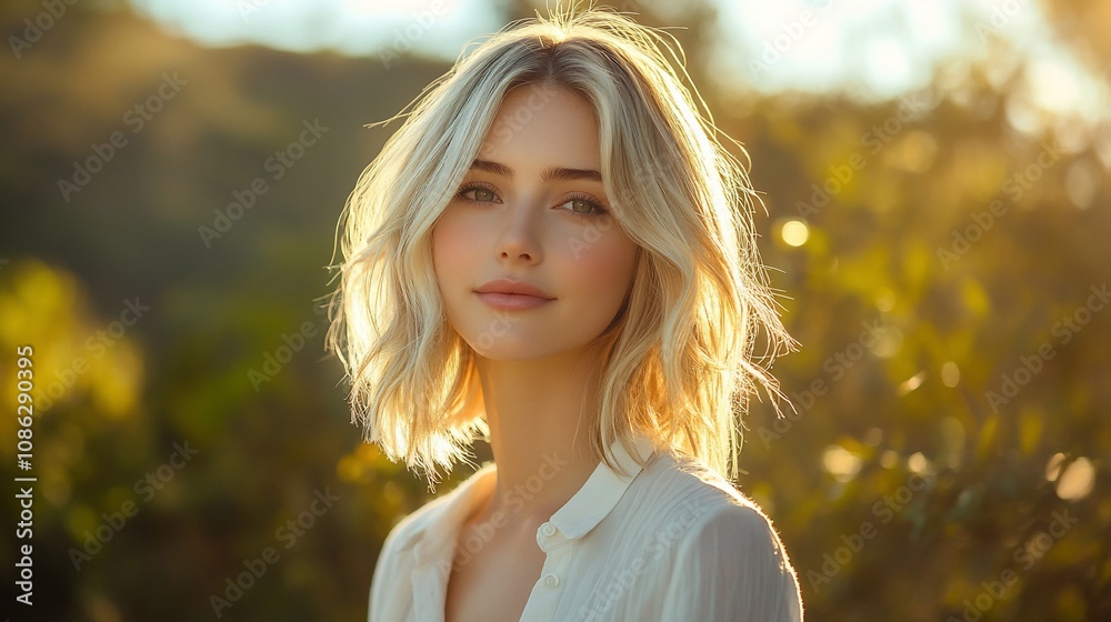 Blonde woman with short hair, smiling outdoors. Blonde woman with short hair, smiling outdoors.