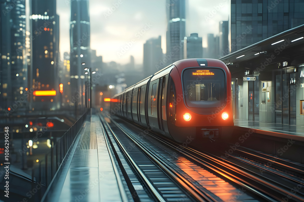 Fototapeta premium 3D Illustration City Train Station Dusk Urban Transit