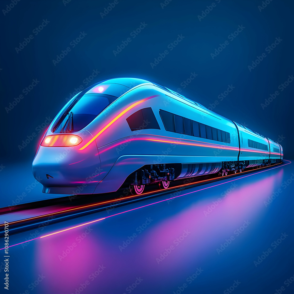 Naklejka premium 3D Illustration - Futuristic High-Speed Train in Neon Lights