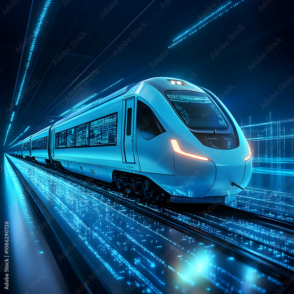 Naklejka premium 3D Illustration Futuristic High-Speed Train Technology Data Stream
