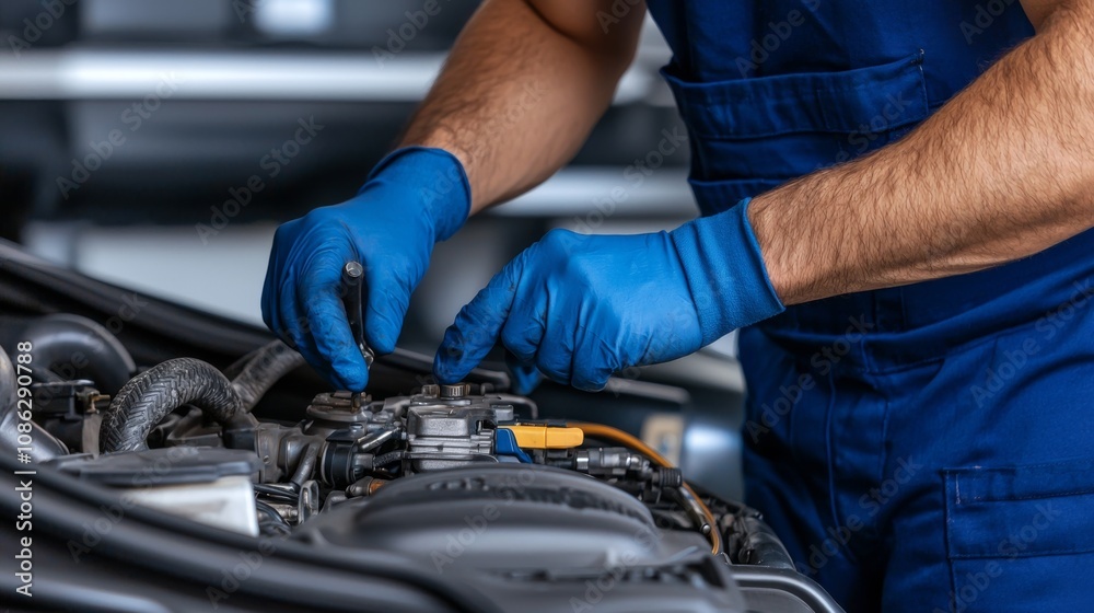 A mechanic in blue gloves works on an engine, showing expertise in automotive repair and maintenance. A mechanic in blue gloves works on an engine, showing expertise in automotive repair and maintenance.