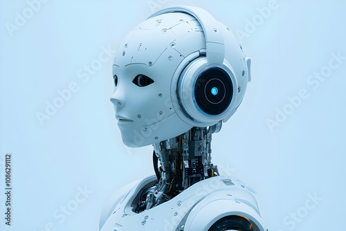 3D Illustration - Robot Listening to Music, Futuristic Cyborg, Artificial Intelligence