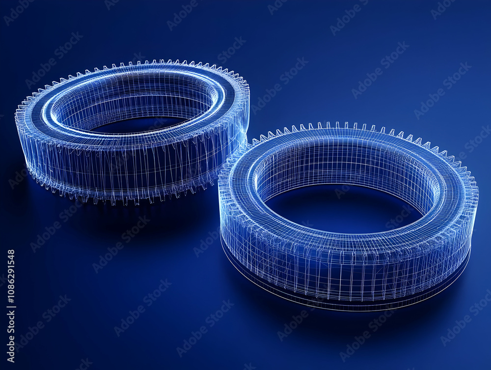 3D Illustration, Wireframe Tires on Blue Background 3D Illustration, Wireframe Tires on Blue Background