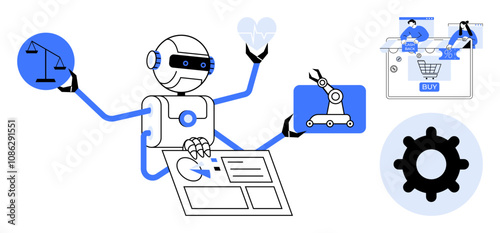 Robot managing various tasks holding a heart, scales, gear, robotics, e-commerce, and analyzing a database. Ideal for technology, automation AI healthcare legal robotics e-commerce. Line