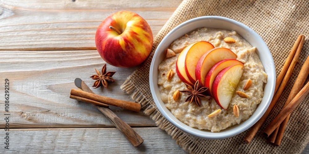 Top view of a bowl of oatmeal porridge with apple slices and cinnamon, a healthy breakfast meal , healthy, breakfast, oatmeal Top view of a bowl of oatmeal porridge with apple slices and cinnamon, a healthy breakfast meal , healthy, breakfast, oatmeal