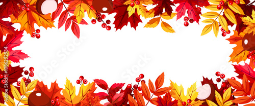 Autumnn banner or header design with red, orange, yellow, and brown autumn leaves, rowanberries, and chestnuts. Vector autumn border