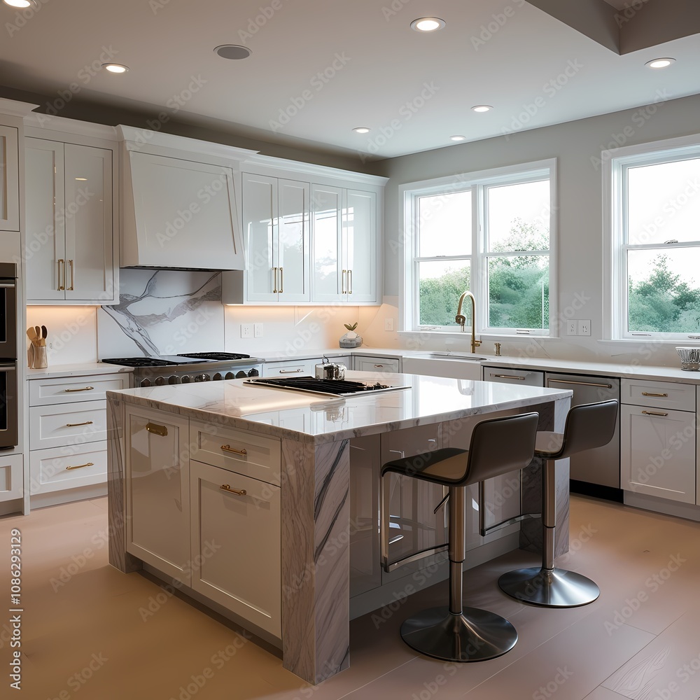 Contemporary Kitchen Elegance: Natural Light, Stainless Steel Appliances, and LED Accents Contemporary Kitchen Elegance: Natural Light, Stainless Steel Appliances, and LED Accents