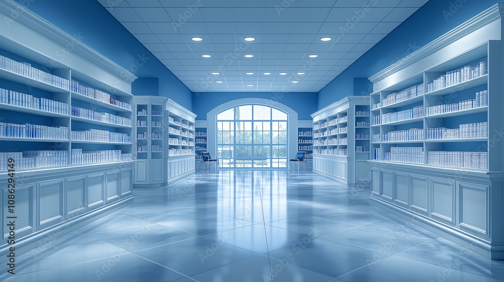 The library features a serene blue color scheme with tall bookshelves lined with medical texts The library features a serene blue color scheme with tall bookshelves lined with medical texts