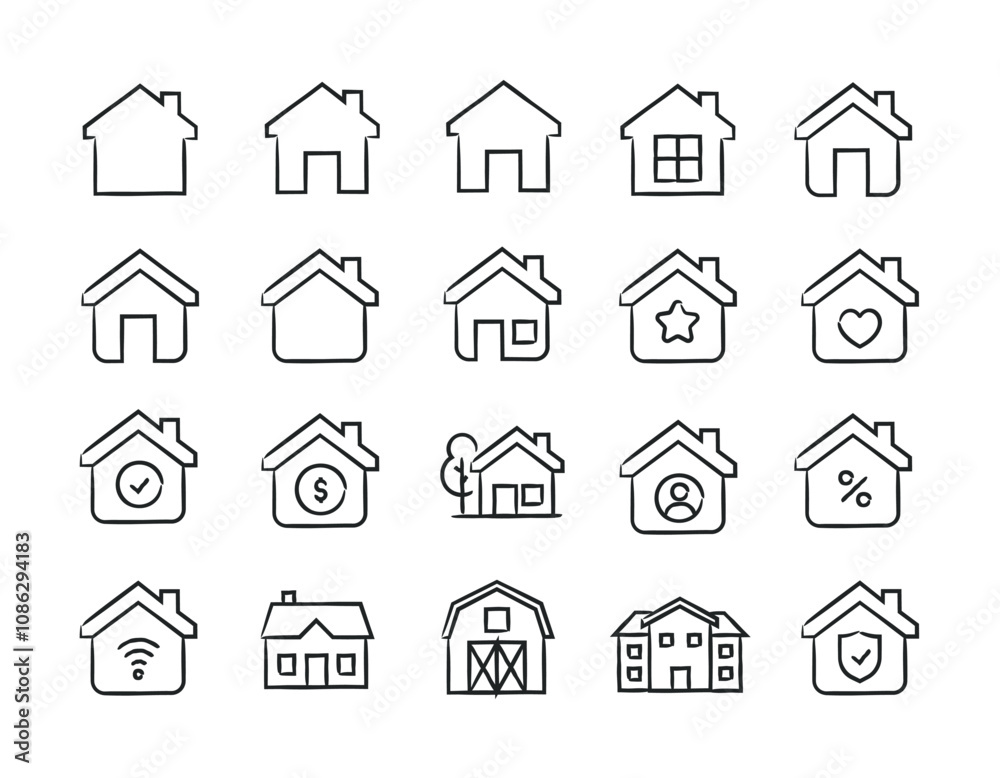 House, Home hand drawn doodle sketch style line icons House, Home hand drawn doodle sketch style line icons
