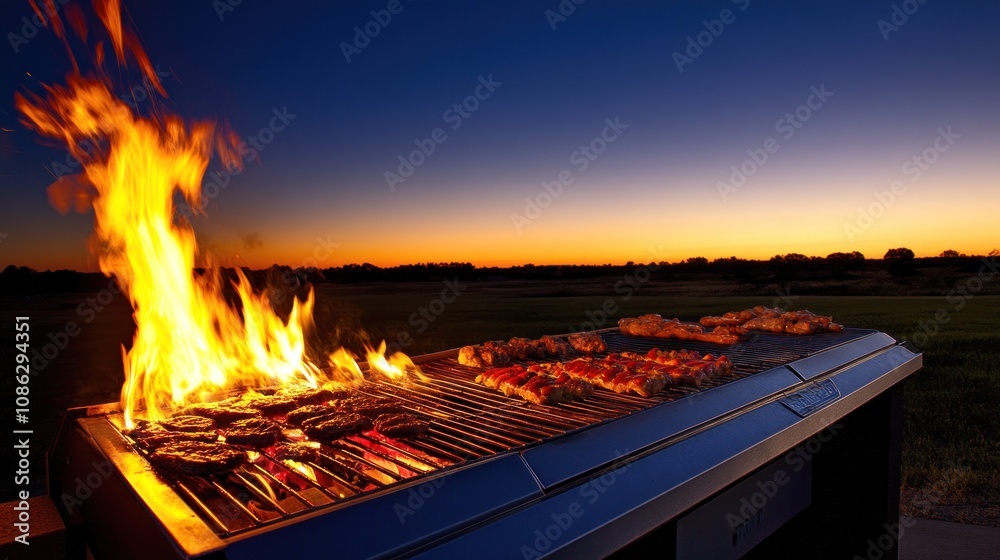 A barbecue grill with flames and food at sunset. A barbecue grill with flames and food at sunset.
