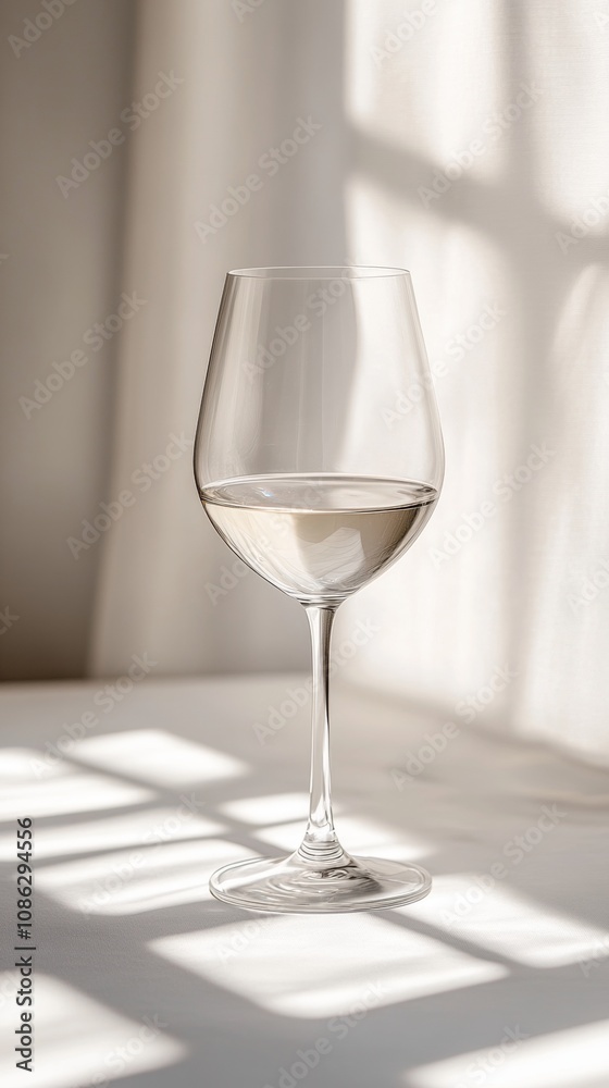 Fototapeta premium Elegant Glass of White Wine with Delicate Shadow Play on a White Table, Minimalist Still Life