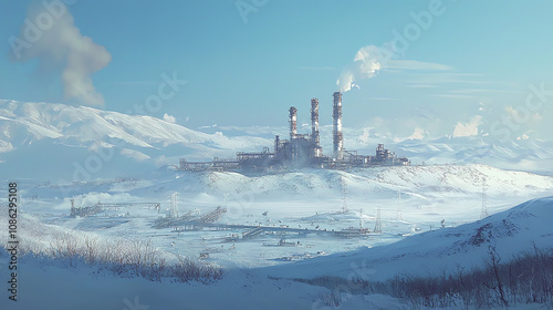 Natural gas plant operating in a snowy landscape against a backdrop of distant mountains during winter conditions