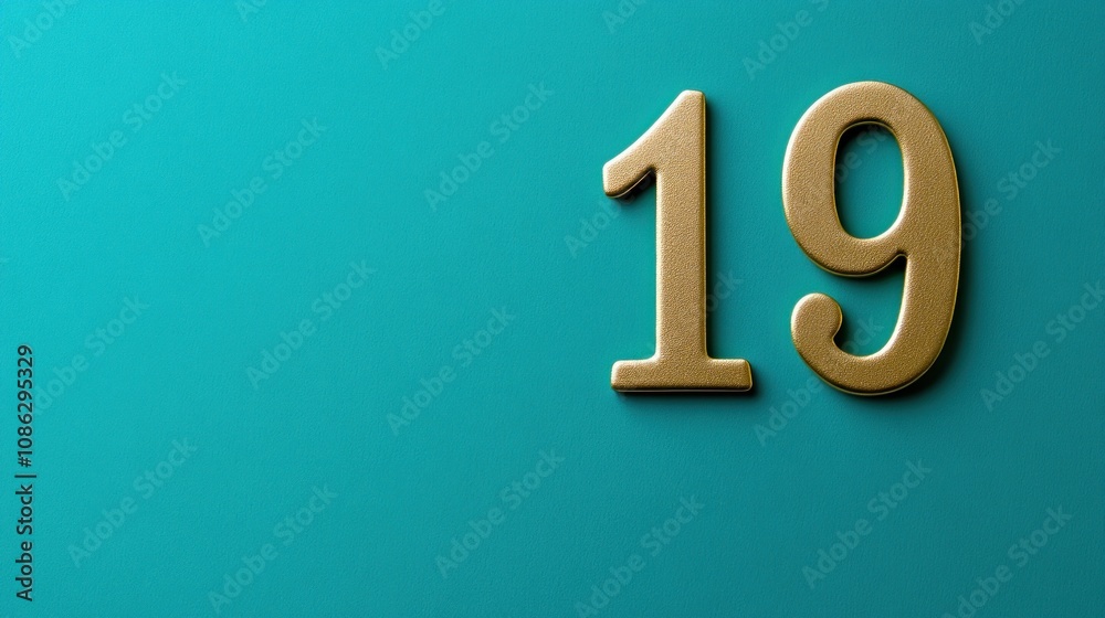 A golden number 19 on a teal background, minimalistic design. A golden number 19 on a teal background, minimalistic design.