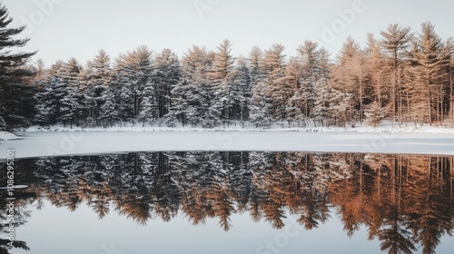 Wallpaper Mural Snow-covered pine trees reflecting off a still, frozen lake under a clear, soft winter sky Torontodigital.ca