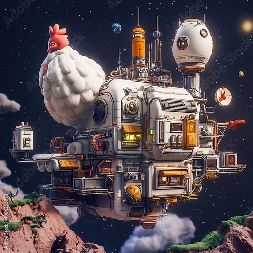 A futuristic spaceship shaped like a chicken with a rooster comb floats over a planet. photo