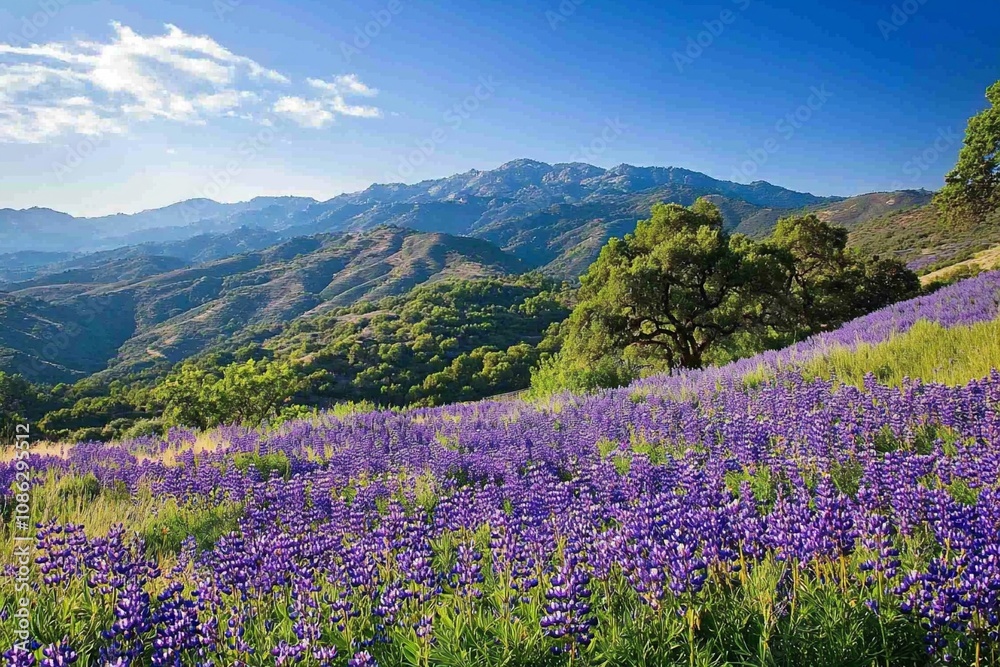 Vibrant Purple Flower Field Against Majestic Mountain Landscape Vibrant Purple Flower Field Against Majestic Mountain Landscape