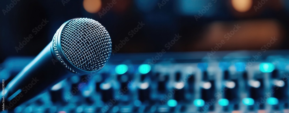 Close-up of a microphone on a sound mixer, ideal for music and audio production. Close-up of a microphone on a sound mixer, ideal for music and audio production.