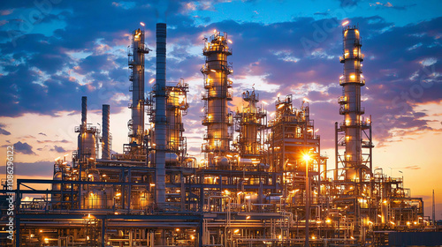 Illuminated oil refinery at night showcases a symphony of lights against a vibrant sky in twilight