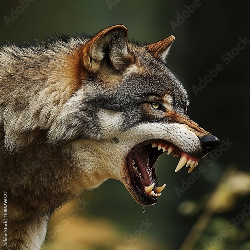 A grey wolf snarls with bared teeth, saliva dripping from its jaw, against a blurred green background.