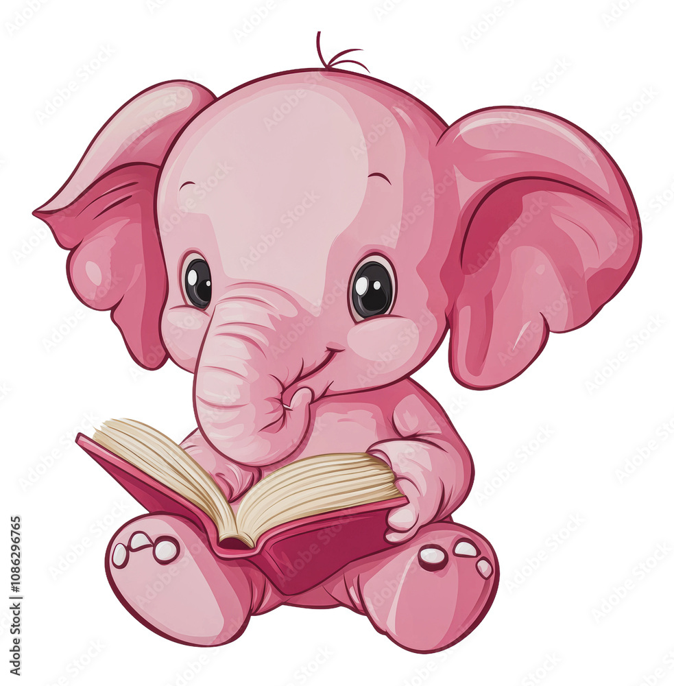 Obraz premium PNG Cute pink elephant reading a book happily