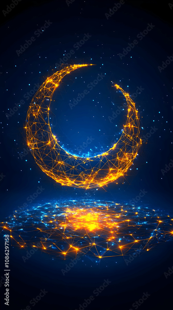 Naklejka premium Abstract Background Illustration - Crescent Moon, Night Sky, Stars, Plexus