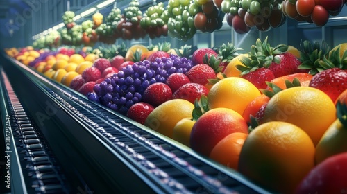 Rows of colorful fruits on a conveyor belt in a modern factory, illustrating food processing and industrial automation. food vectors. Ultra realistic. Photorealistic