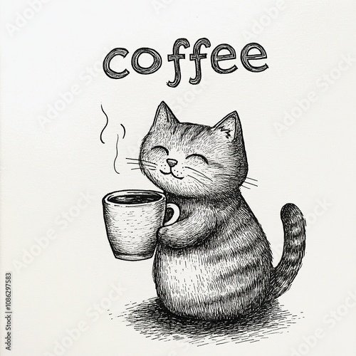 A cute cartoon cat holding a cup of coffee with the word 