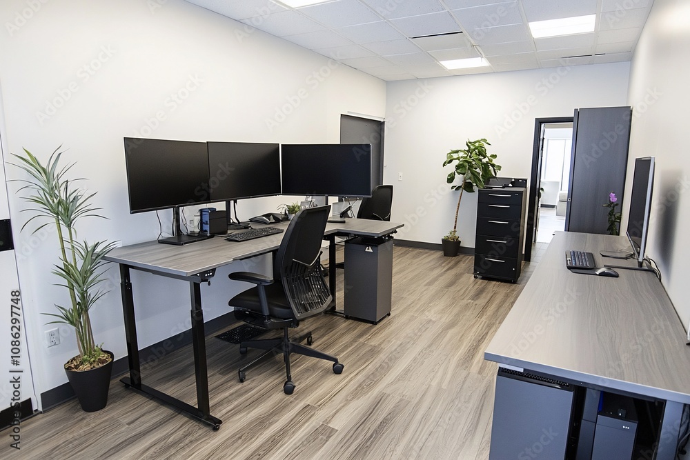 Modern Workspace with Dual Monitors and Minimalist Design Modern Workspace with Dual Monitors and Minimalist Design