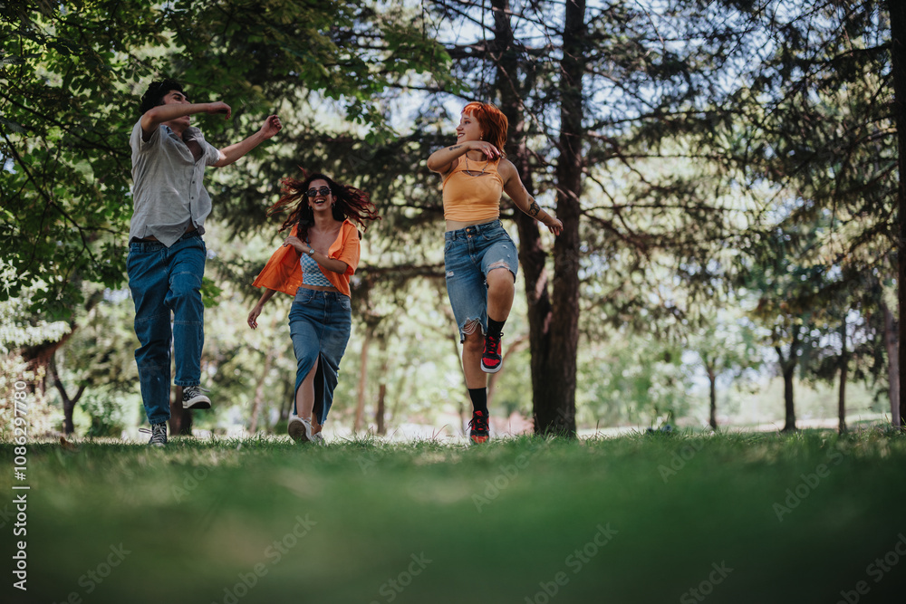 Three young teenagers enjoying a playful and joyful moment in the park, capturing their friendship and happiness Three young teenagers enjoying a playful and joyful moment in the park, capturing their friendship and happiness