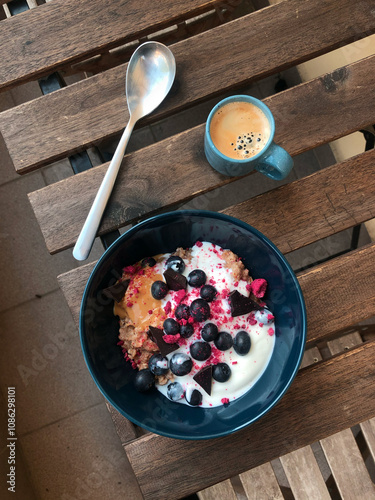 Healthy Breakfast Bowl with Yogurt, Blueberries, and Coffee on Wooden Table