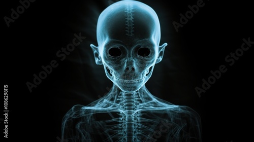 Blue X-ray of a human skull and upper chest on a black background photo