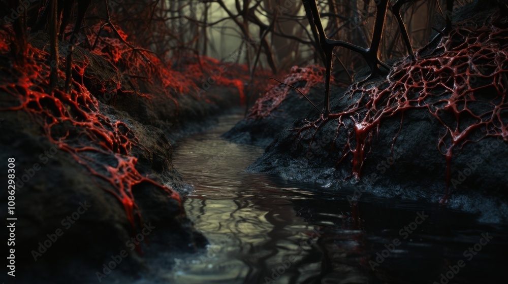 Gloomy red vein like tree roots in a dark forest with a creek running through it Gloomy red vein like tree roots in a dark forest with a creek running through it