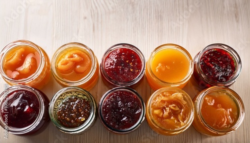 Assortment of homemade fruit preserves in glass jars.