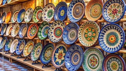 Traditional souvenir ceramic plates on stands at local shop in Krakow, Poland , souvenir, ceramic, plates, multicolored