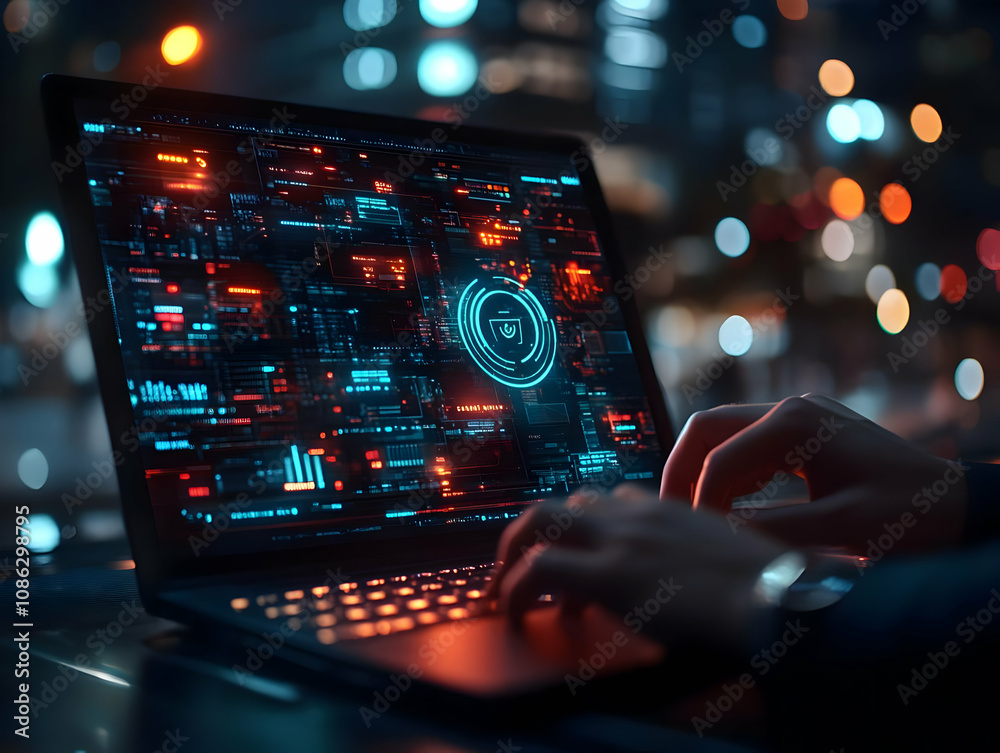 Illustration - Cybersecurity Software Interface on Laptop at Night Illustration - Cybersecurity Software Interface on Laptop at Night