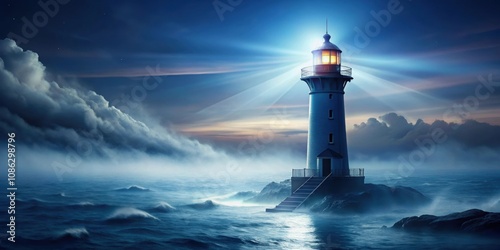 Lighthouse standing tall against a mystic foggy seascape at night, lighthouse, seascape, fog, night, ocean, beacon, misty