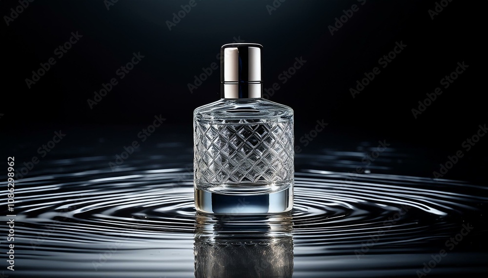 Elegant perfume bottle sits on dark water, creating ripples. A sophisticated fragrance. Elegant perfume bottle sits on dark water, creating ripples. A sophisticated fragrance.