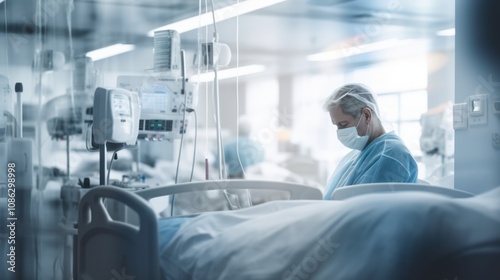 Thoughtful female doctor wearing a mask looking at a patient in a hospital room