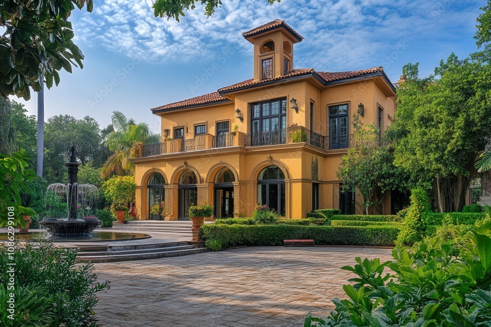 A beautiful yellow mansion with a fountain in the front yard. A beautiful yellow mansion with a fountain in the front yard.