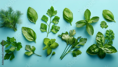 Fresh herbs on a blue background. A variety of green leaves.