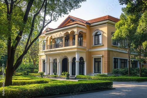 A beautiful yellow mansion with a large lawn and a driveway.