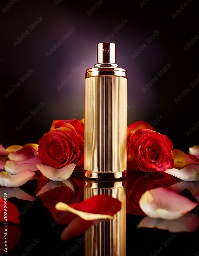 Luxurious gold perfume bottle surrounded by red rose petals. A romantic and elegant scent. Luxurious gold perfume bottle surrounded by red rose petals. A romantic and elegant scent.