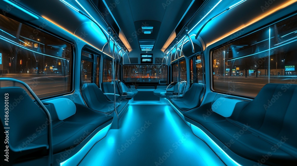Fototapeta premium Futuristic bus interior at night, illuminated with blue LED lights.
