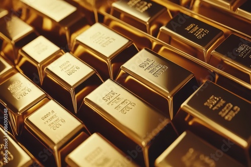 Close-Up View of Stacked Gold Bars in a Luxurious Setting, Showcasing the Luster and Intricacies of Precious Metal Investment and Wealth Accumulation photo