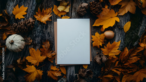 A blank sheet of paper surrounded by autumn leaves, pinecones, and pumpkins creates a cozy, festive scene.