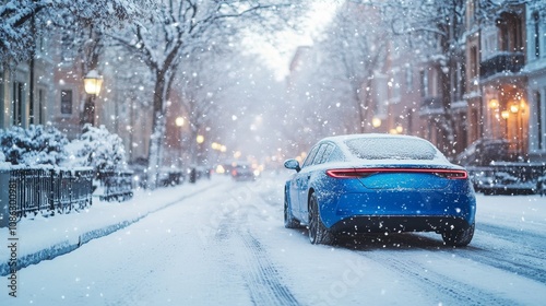 Modern Electric Car Driving on Snow Covered Road in Winter City, Snowy Urban Street Scene