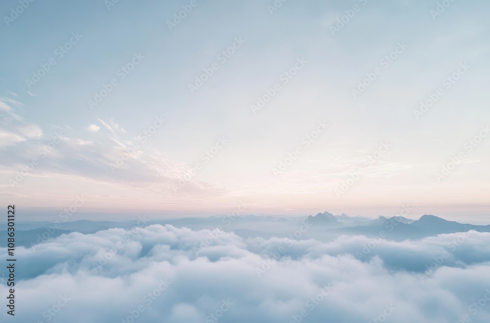 A breathtaking view of mountains covered in clouds with a soft pink and blue sky.