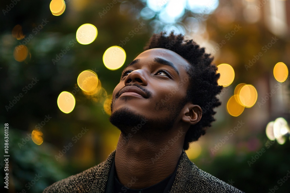 Contemplative Portrait Under Twinkling Lights Contemplative Portrait Under Twinkling Lights