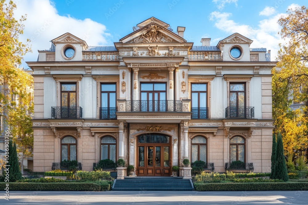 A grand, ornate mansion with a balcony and columns. A grand, ornate mansion with a balcony and columns.