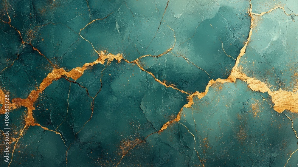 Abstract teal and gold texture with cracks, suitable for backgrounds or design projects.